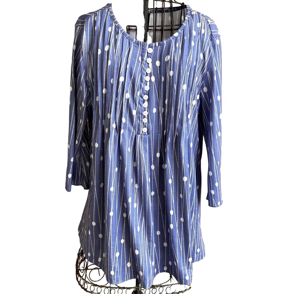 NoraCora Tunic Top  XL Blue White Polkadot Jersey Fabric Button Pleaded …